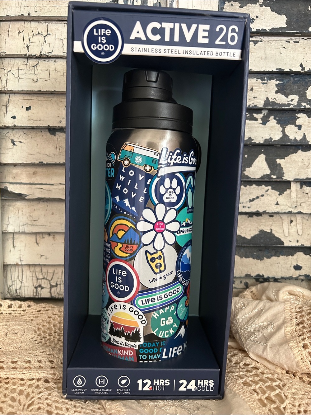 Life is Good Active Sticker Collage Stainless Steel Water Bottle NIB